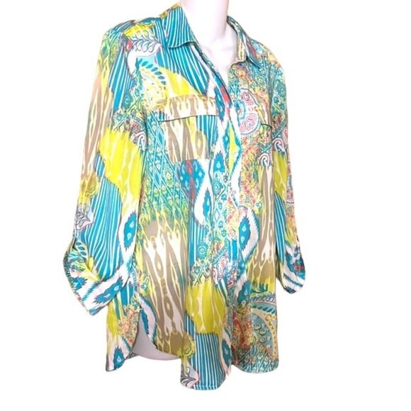 NWOT Chico's Multi Color Paisley Button Down Collared Shirt 3/4 Sleeve Cotton - Picture 4 of 11
